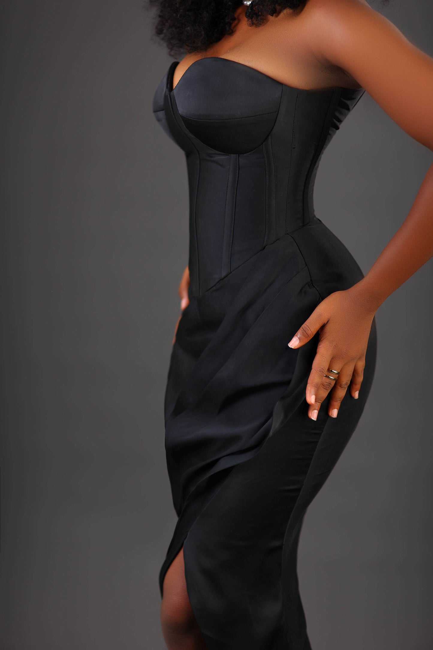 Black Midi length Corset Dinner Dress with Rouching and a front Slit